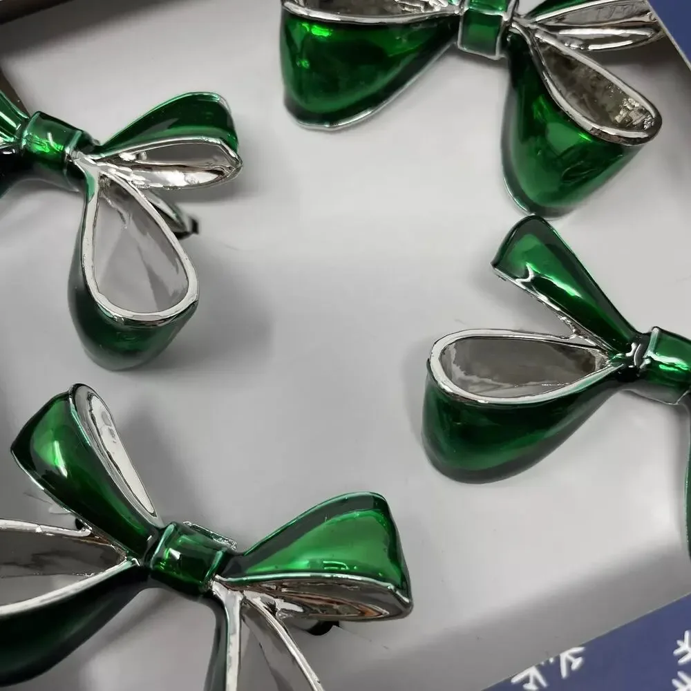 Green Bow Christmas Napkin Rings Set of 4 Silver Holiday Glam Cherish the Season
